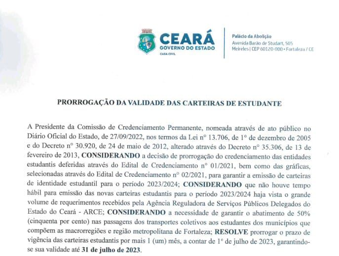 Validade de carteiras de estudante em Fortaleza é prorrogada até 31 de  julho, Ceará